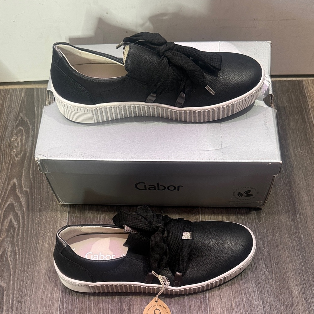 Gabor Black Leather Ribbon-Lace Platform Sneakers - Picture 2 of 9